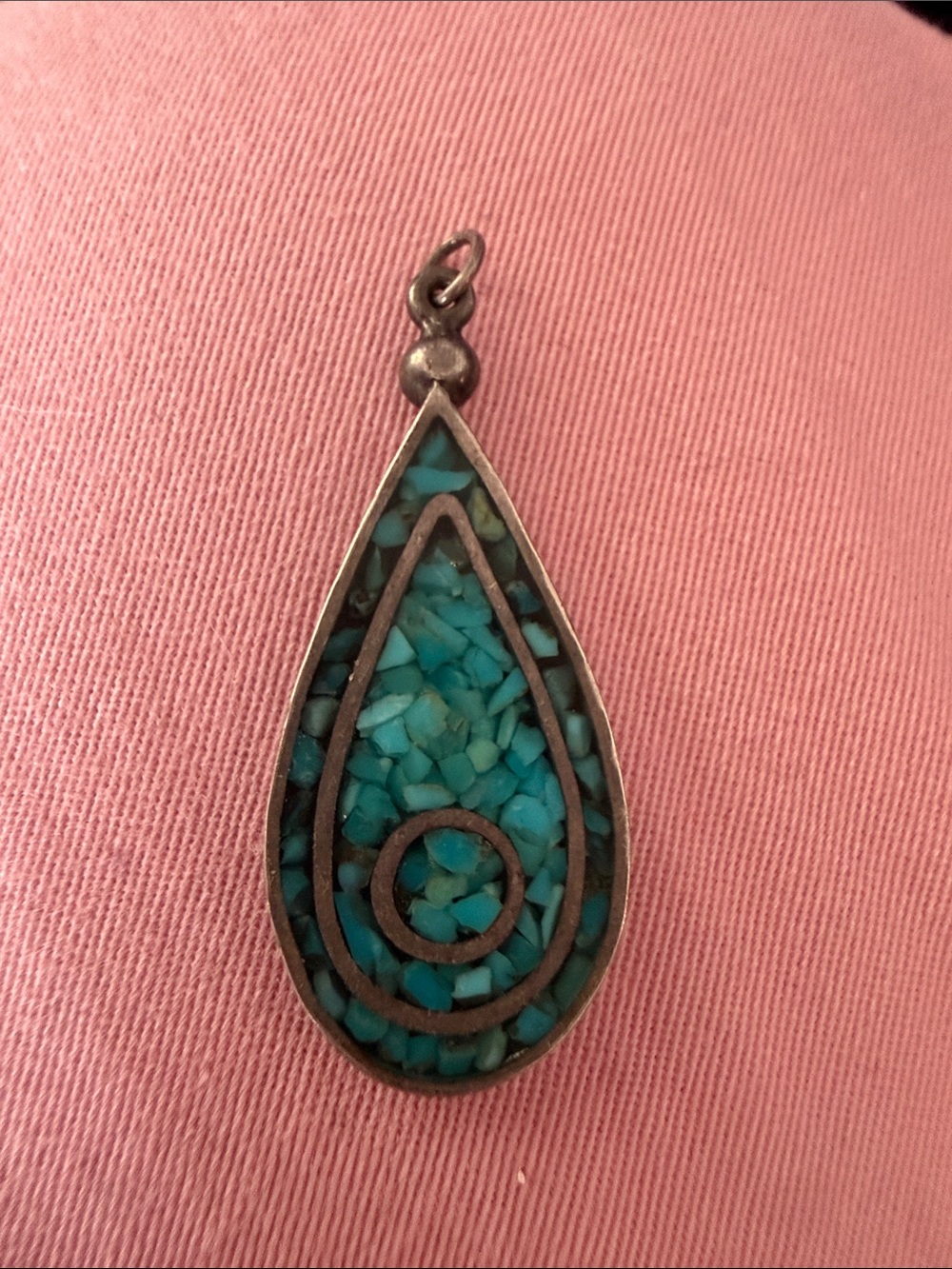 Vintage Genuine Turquoise Teardrop Inlay Pendant Sterling Silver marked 1.25